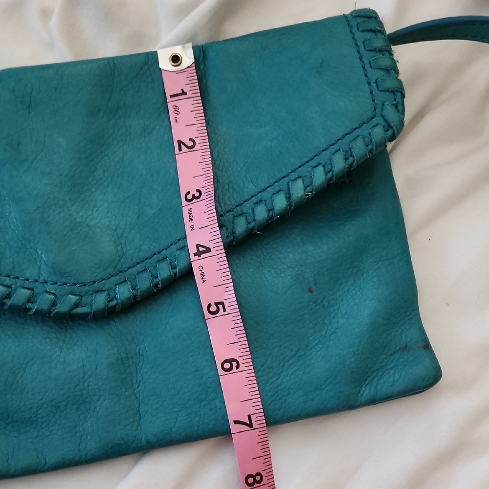 HOBO International Turquoise Leather Crossbody Boho Whipstitch Tassel Bag - Picture 11 of 12